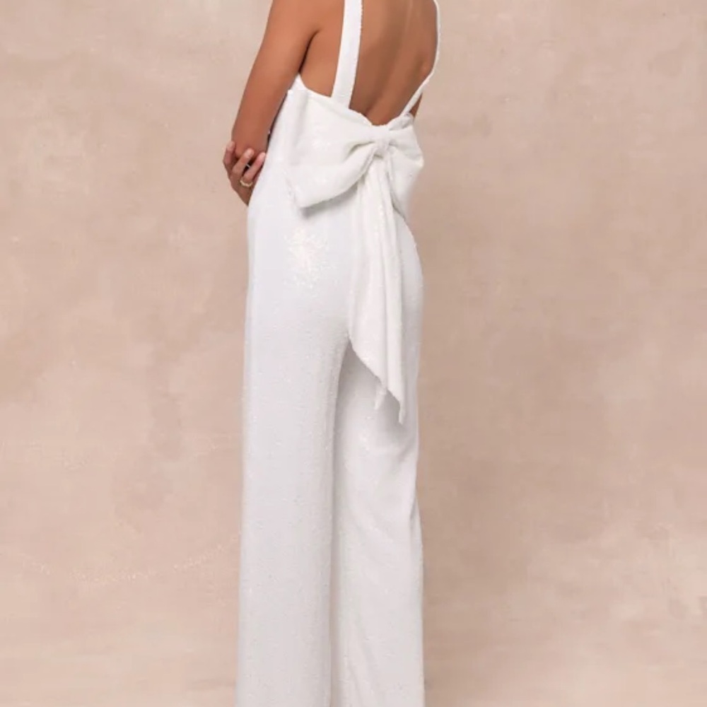 NWT Sequin White Jumpsuit with Detachable Bow Detail
